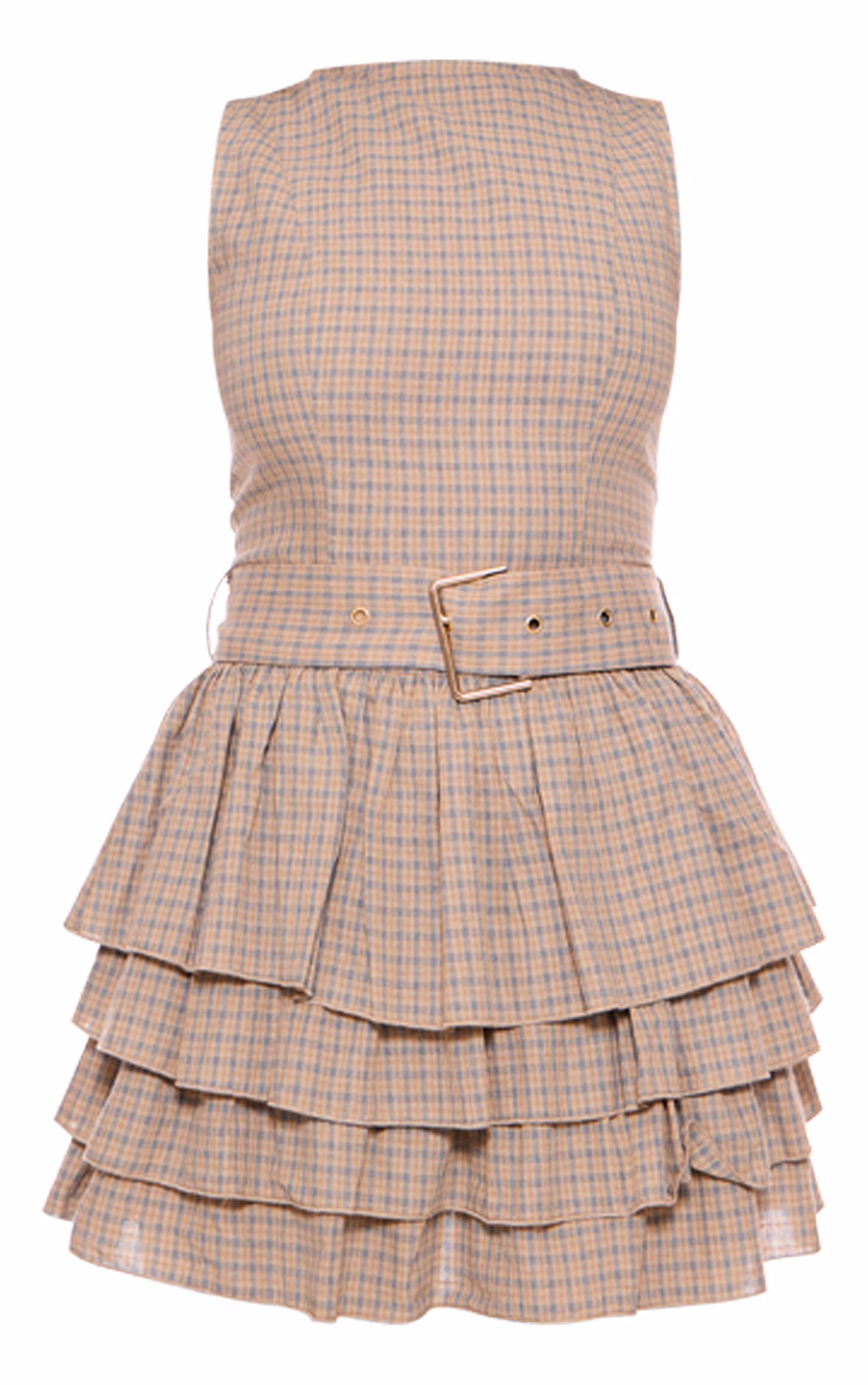 Stone Check Belted Frill Hem Shift Dress