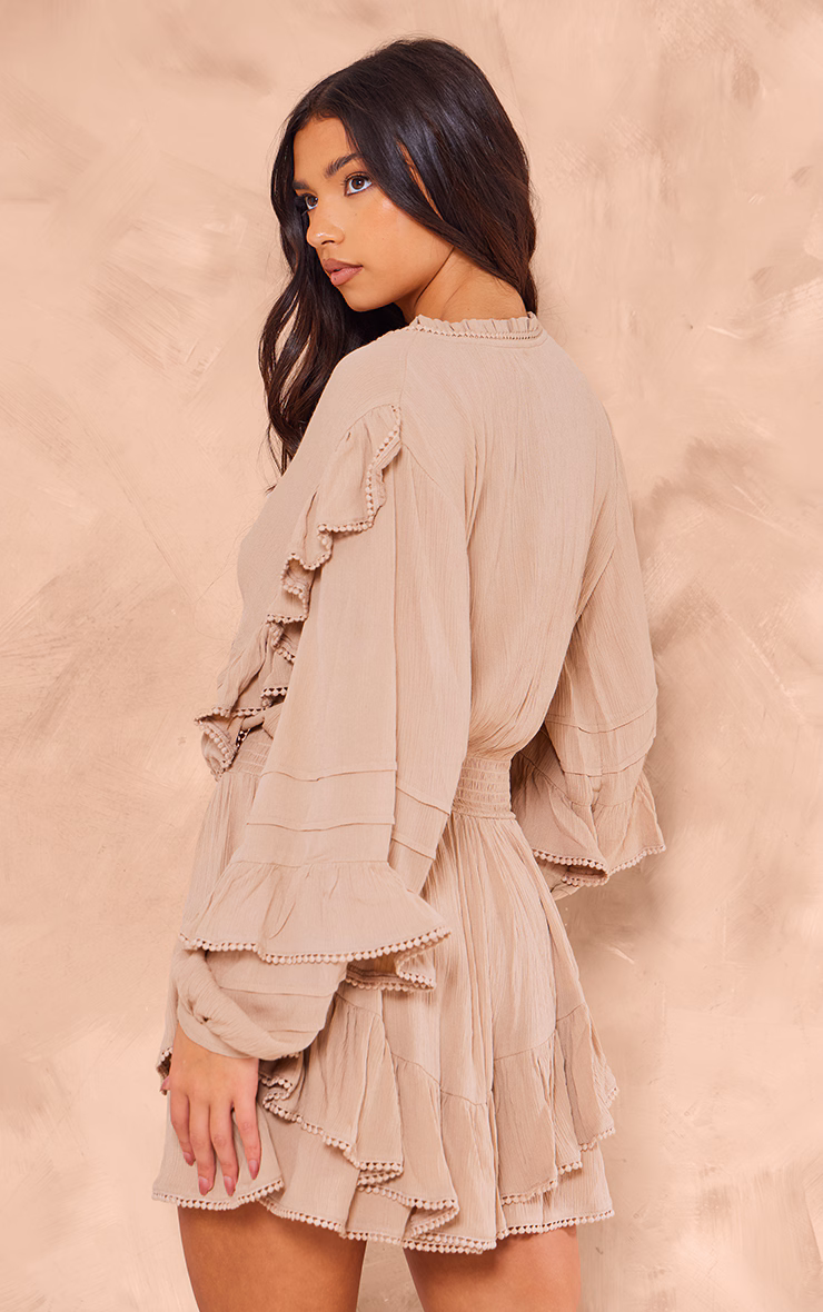 Taupe Cheesecloth Plunge Tiered Long Sleeve Shift Dress