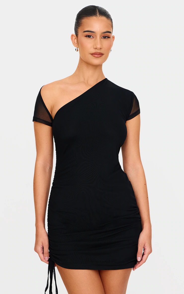 Black Double Layered Mesh Ruched Mini Dress