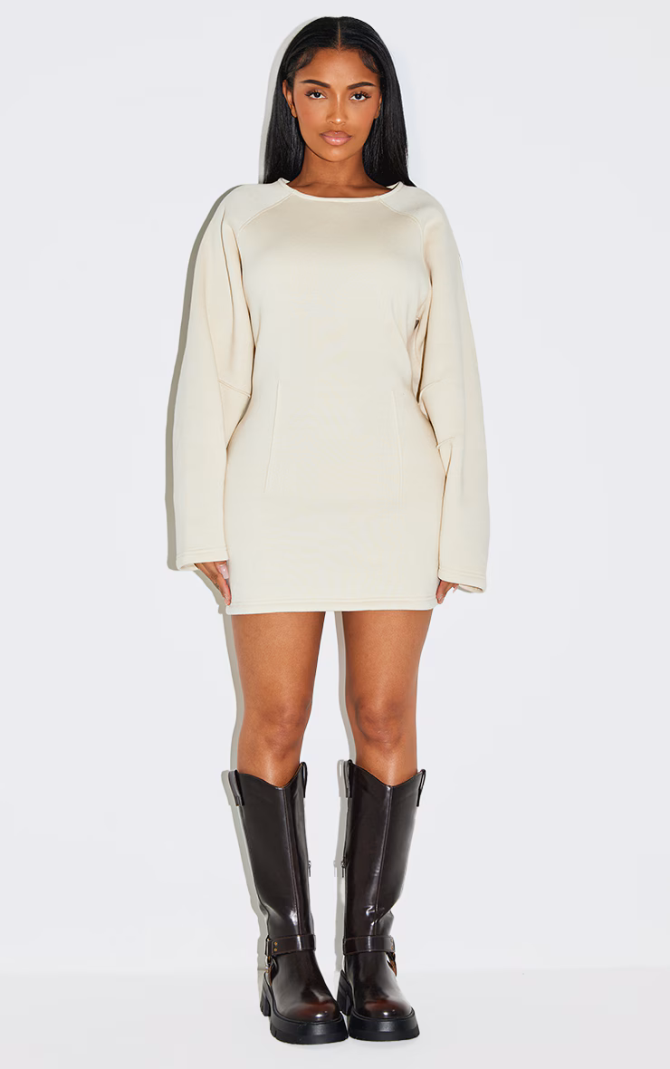 Shape Cream Cinched Waist Cocoon Sleeve Sweatshirt Dress
