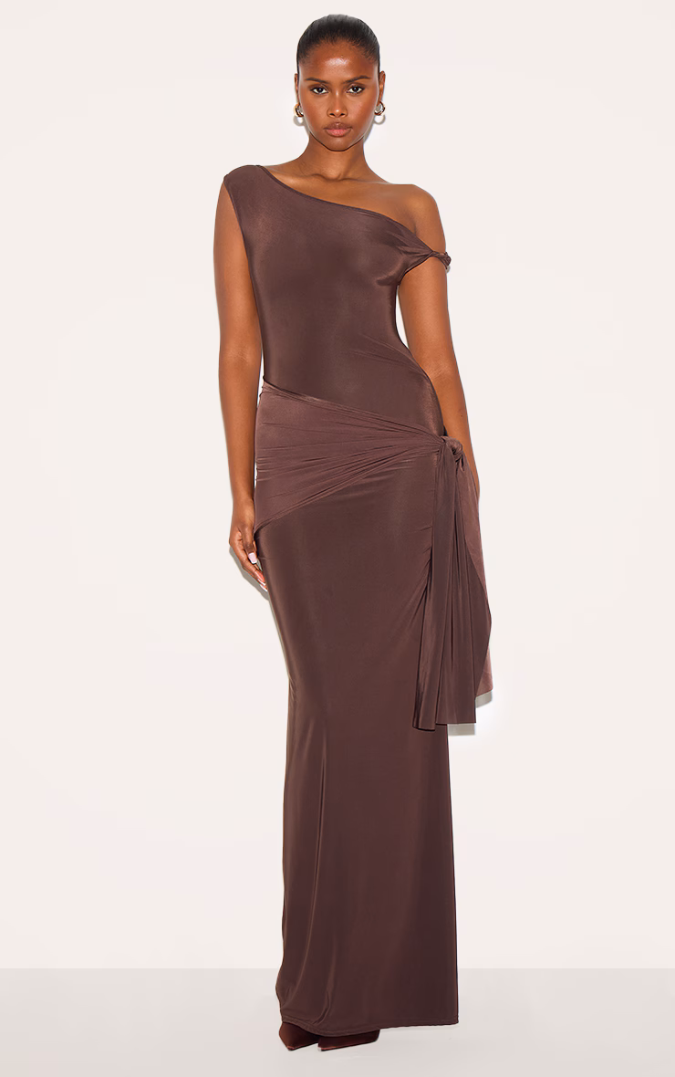 Chocolate Slinky Off Shoulder Wrap Detail Maxi Dress