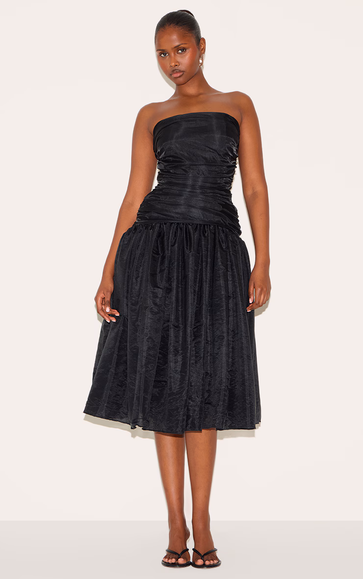 Black Organza Ruched Bodice Midi Dress