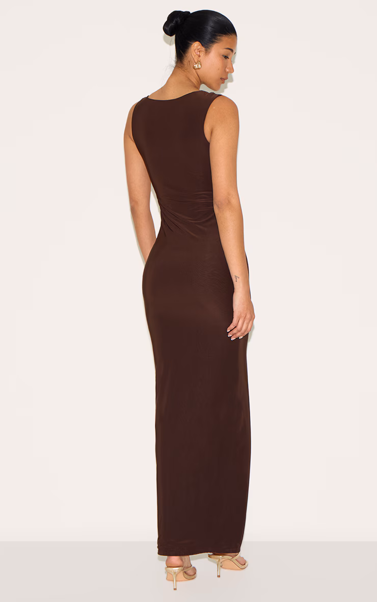Chocolate Double Slinky Asymmetric Trim Detail Maxi Dress