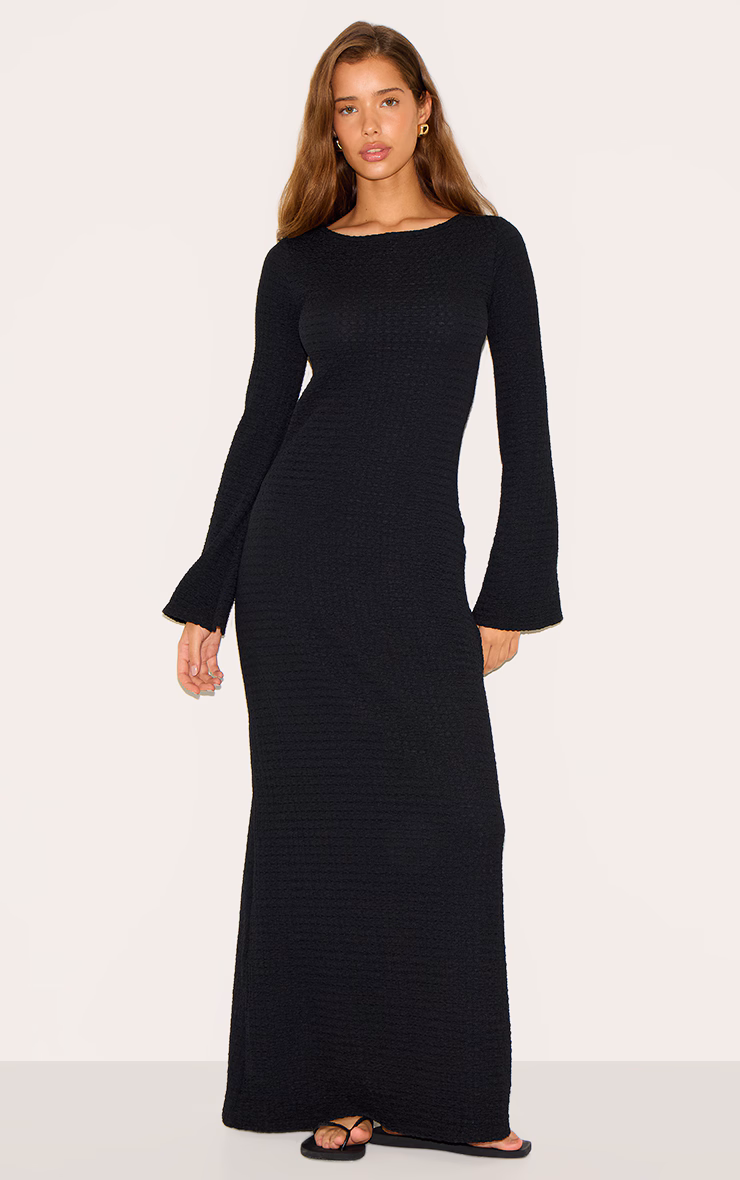Black Textured Long Sleeve Bodycon Maxi Dress