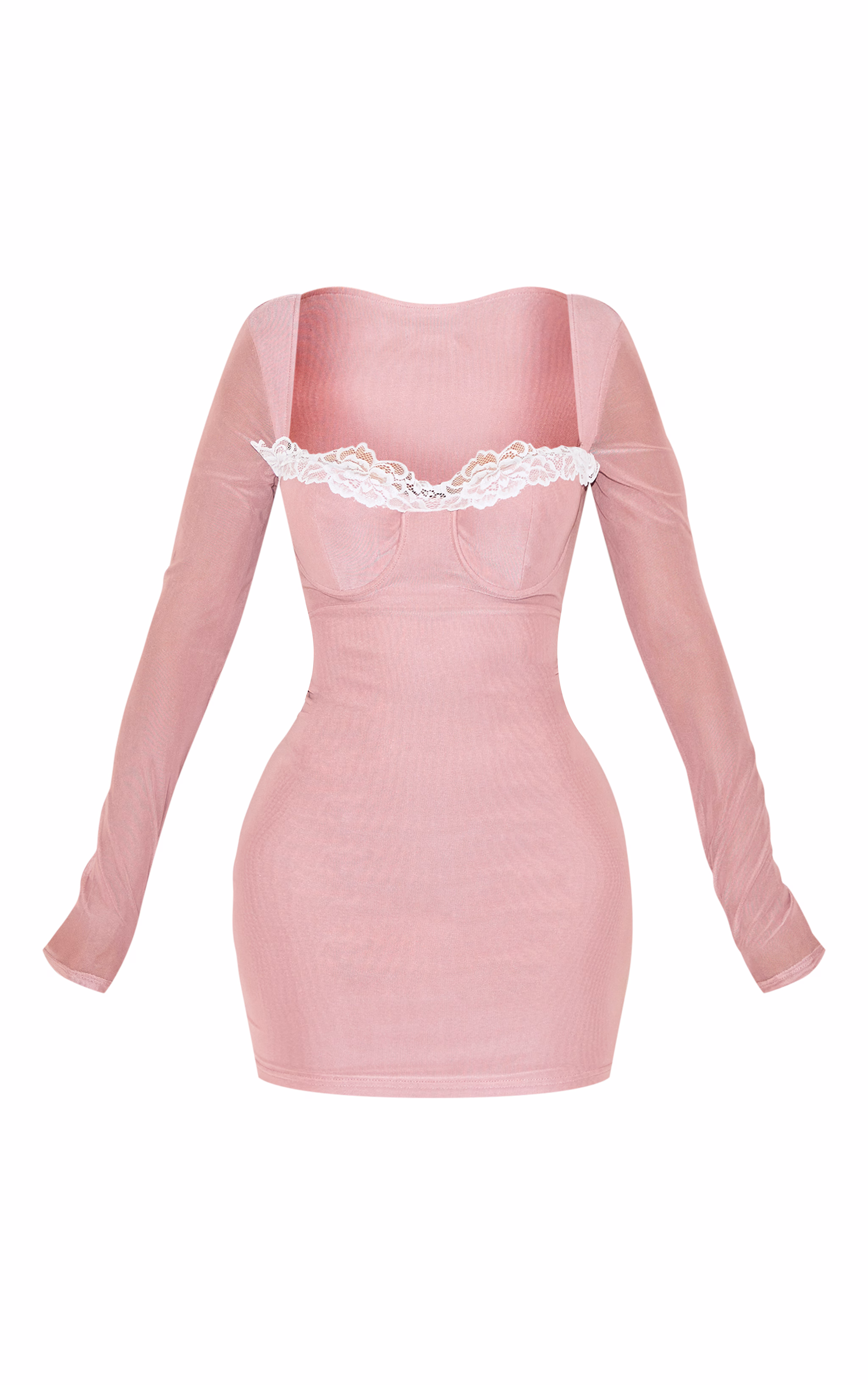 Shape Pink Mesh Underwired Lace Trim Long Sleeve Mini Dress