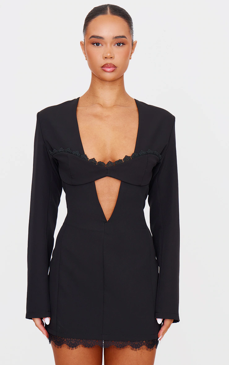 Black Woven Lace Trim Detail Blazer Dress