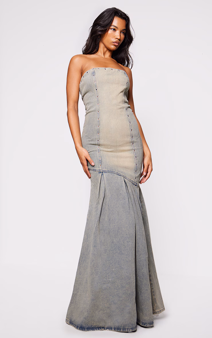 Vintage Wash Green Tint Studded Seam Detail Frill Hem Denim Maxi Dress