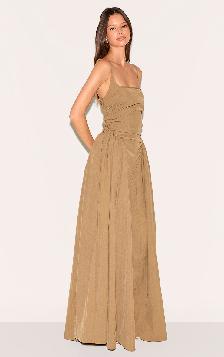 Mushroom Woven Ruched Strappy Maxi Dress