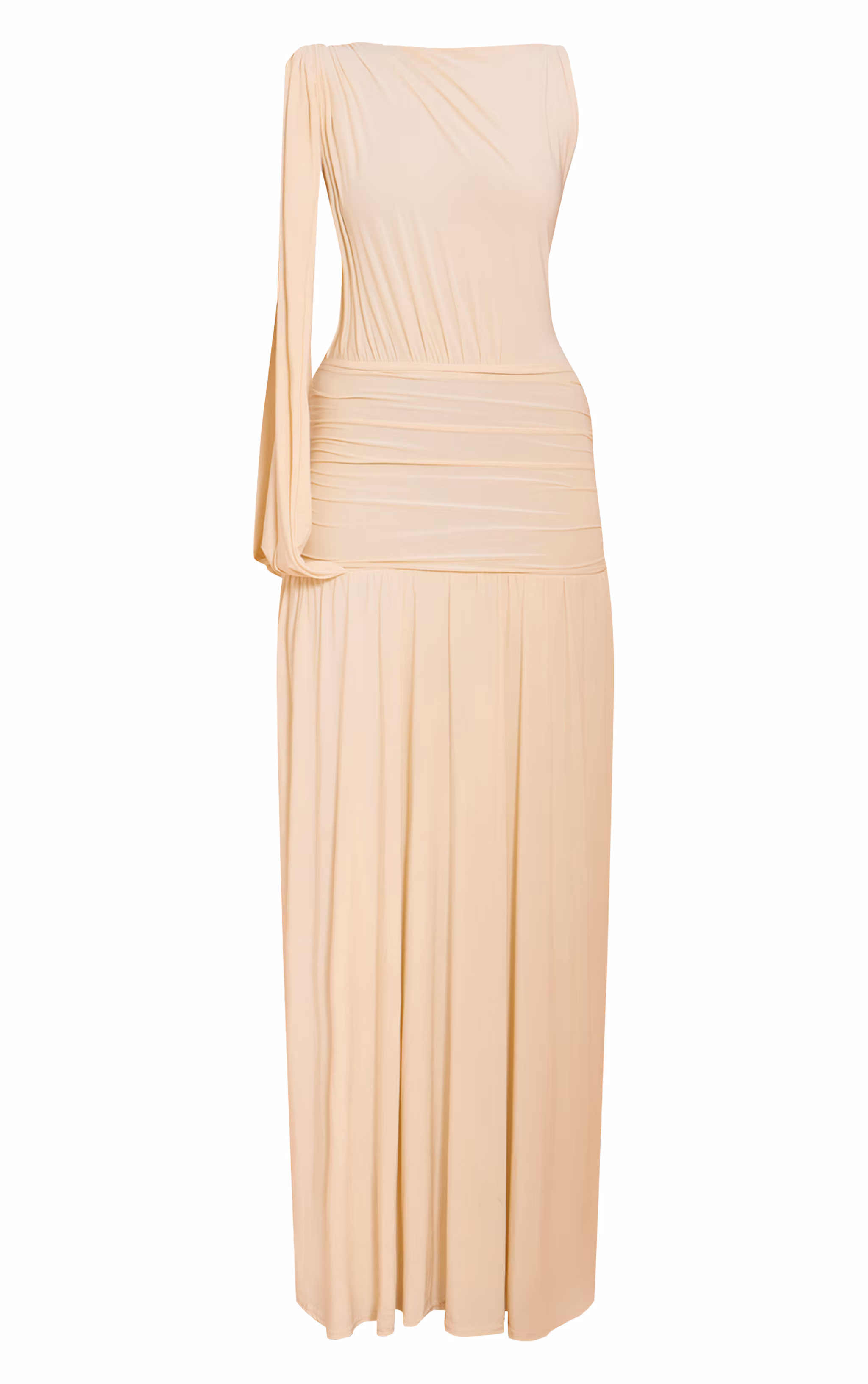 Butter Cream Double Layer Slinky Ruched One Shoulder Maxi Dress