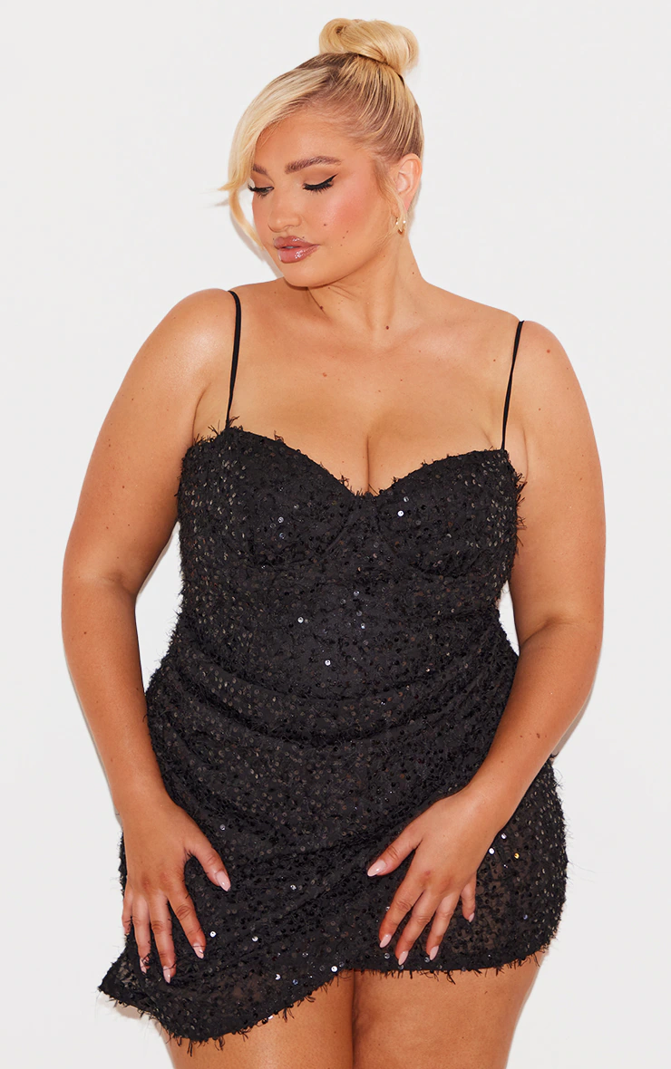 Plus Deep Black Sequin Feather Drape Mini Dress