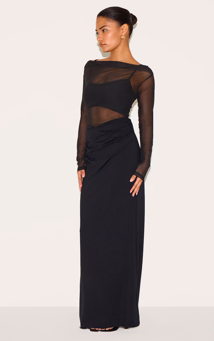 Petite Black Slinky Long Sleeve Maxi Dress With Mesh Details