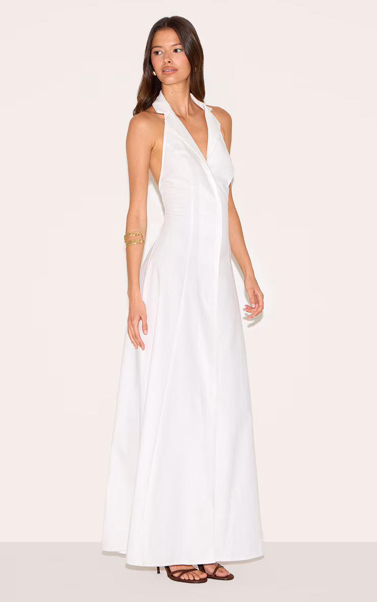 White Button Down Collar Detail Maxi Dress