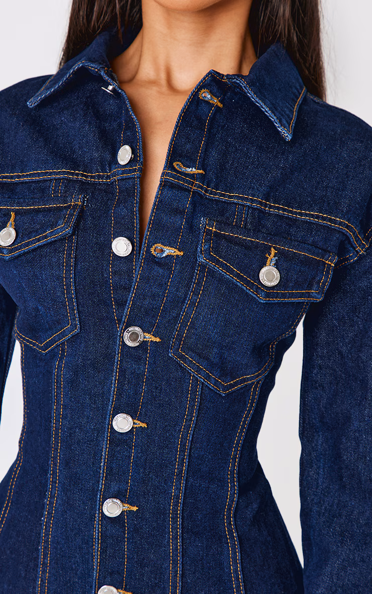 Petite Indigo Denim Long Sleeve Fitted Mini Dress