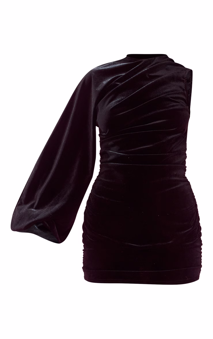 Black Velvet One Shoulder Ruched Detail Bodycon Dress