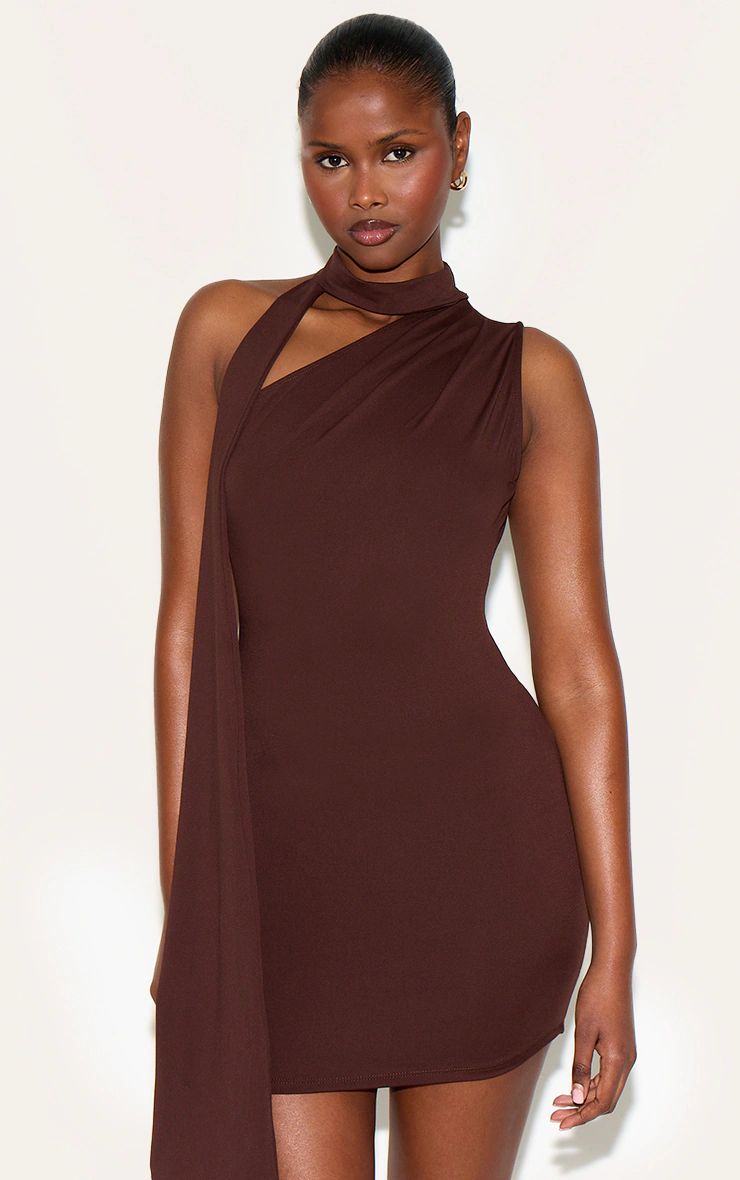 Chocolate Soft Touch One Shoulder Wrap Detail Mini Dress
