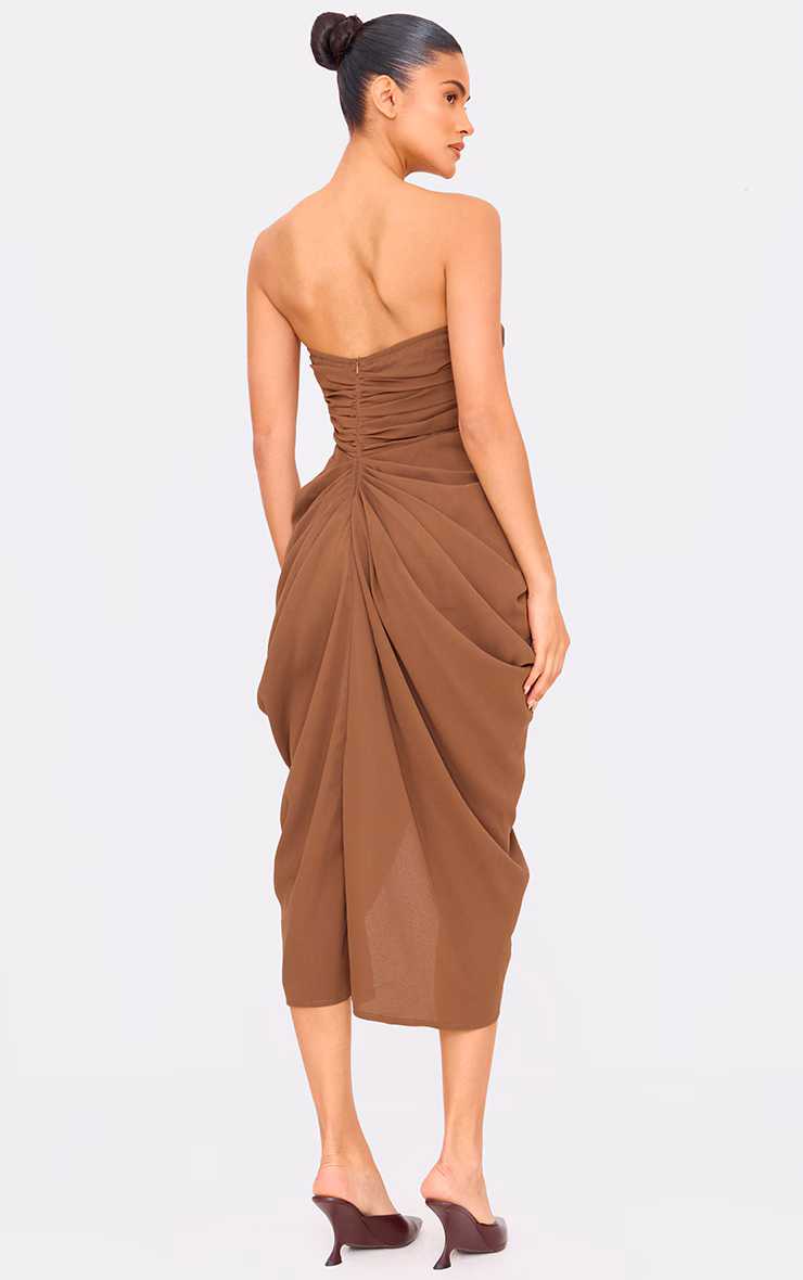 Chocolate Chiffon Corset Bandeau Draped Midi Dress