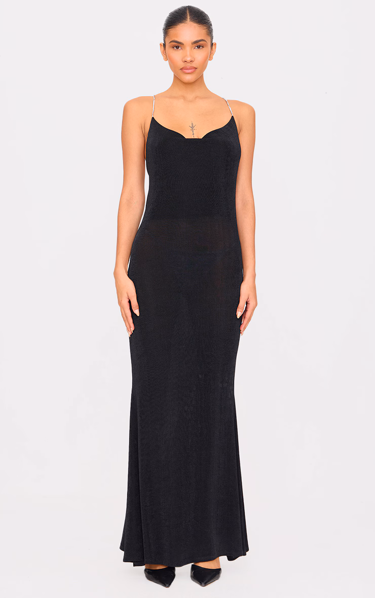 Black Slinky Diamante Strap Cowl Back Maxi Dress