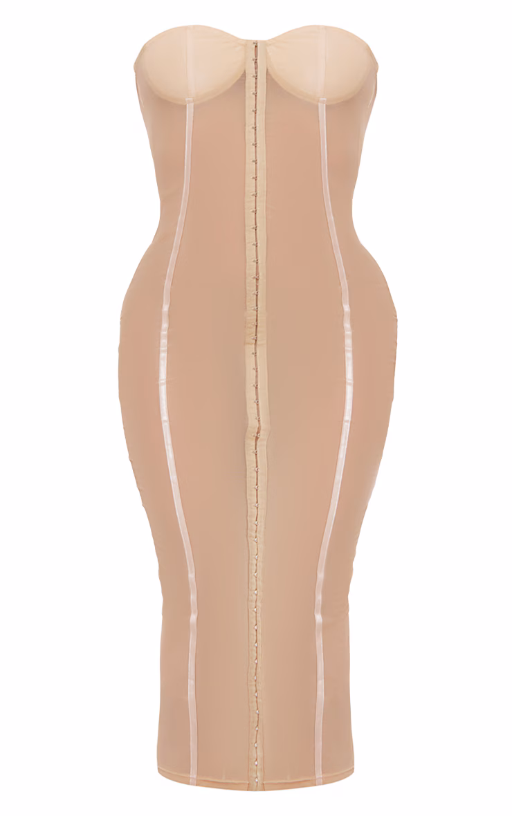 Nude Mesh Bandeau Hook & Eye Binding Detail Midaxi Dress