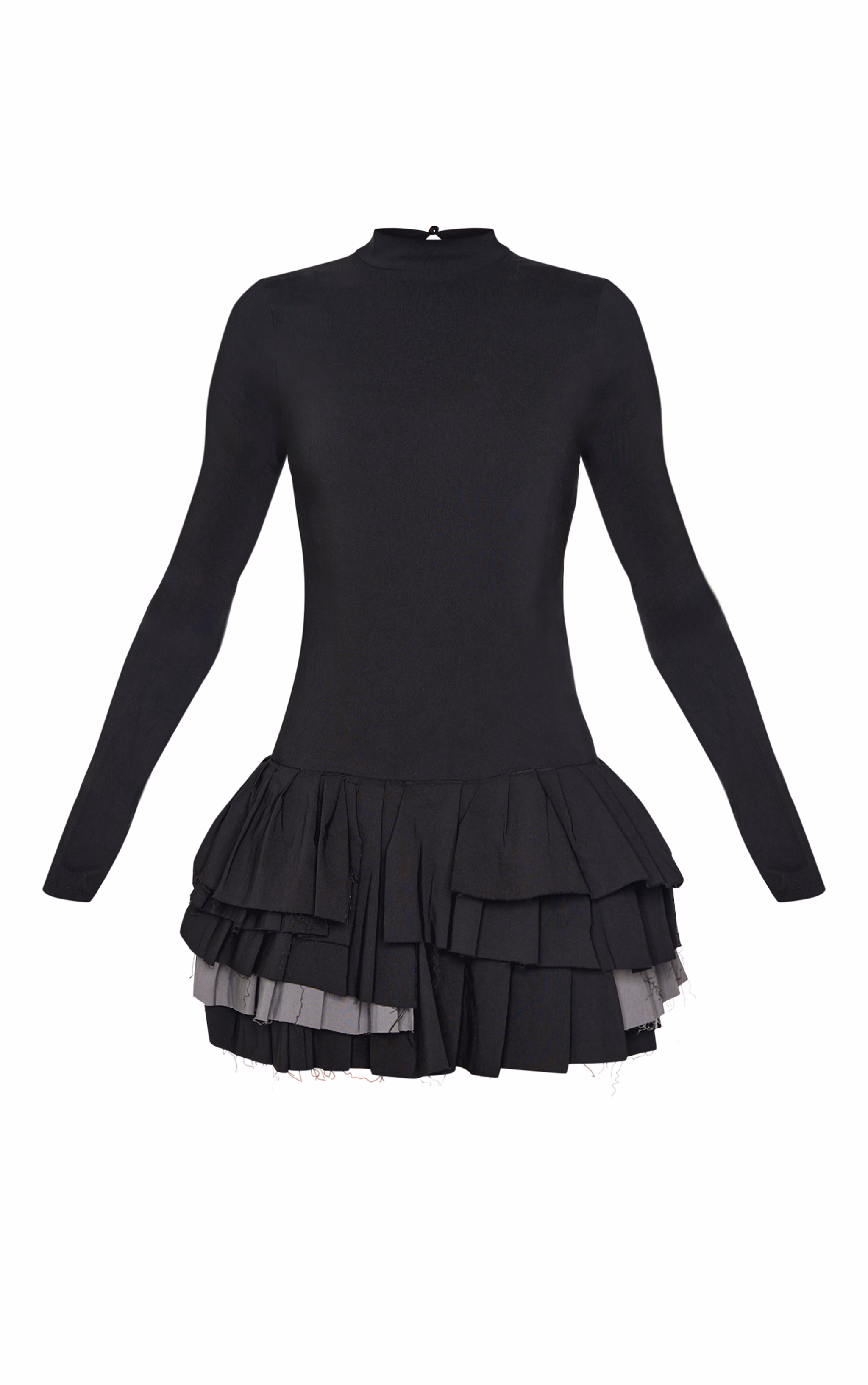 Black Stretch Woven Extreme Pleated Long Sleeve Shift Dress