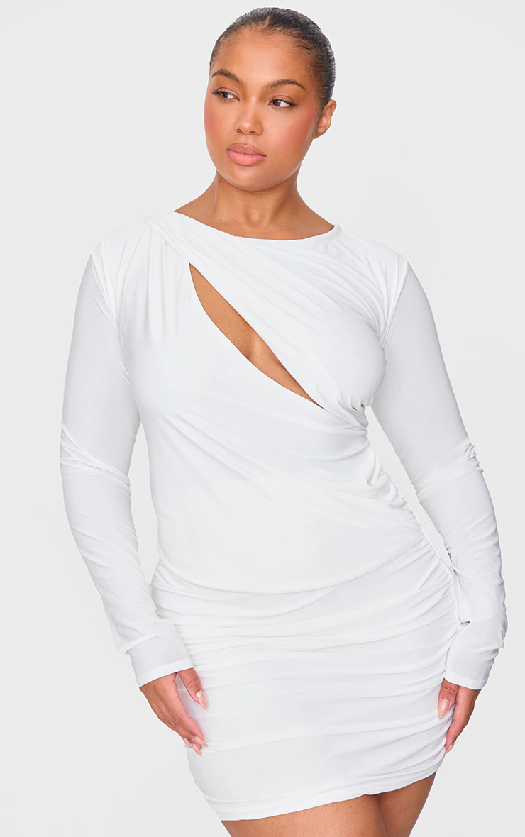 Premium White Double Layer Extreme Plunge Drape Bodycon Dress