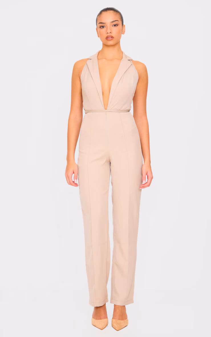 Stone Tailored Woven Vest Lace Up Detail Jumpsuit