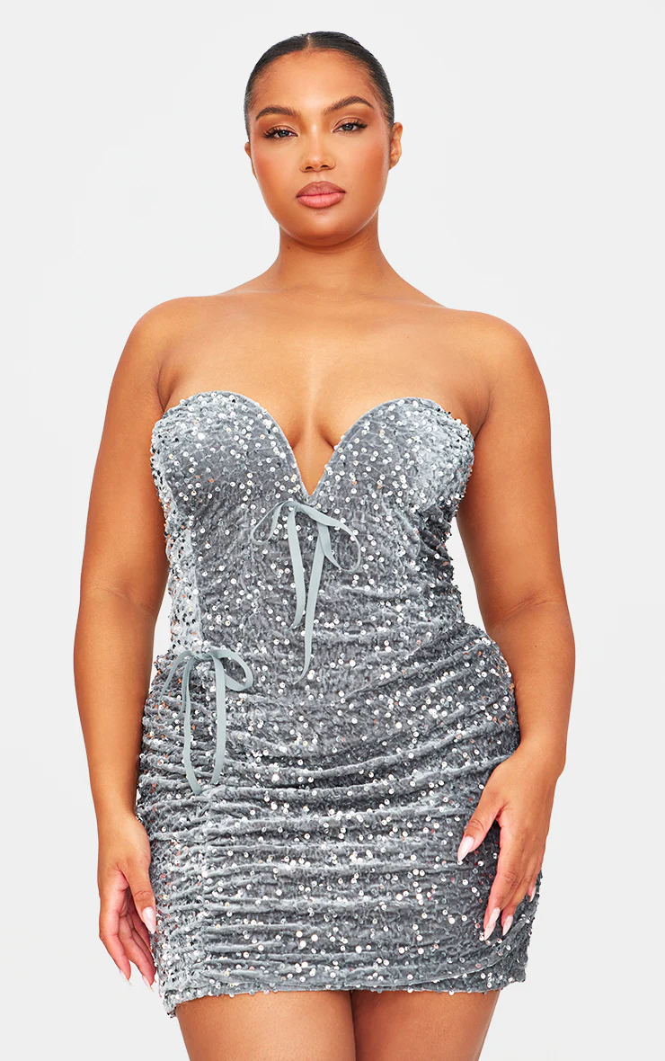 Plus Grey Sweetheart Neckline Velour Sequin Mini Dress
