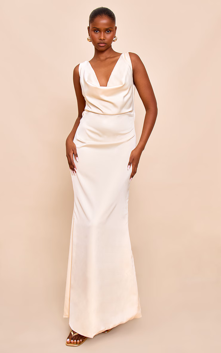 Lemon Bridesmaid Satin Cowl Neck Maxi Dress