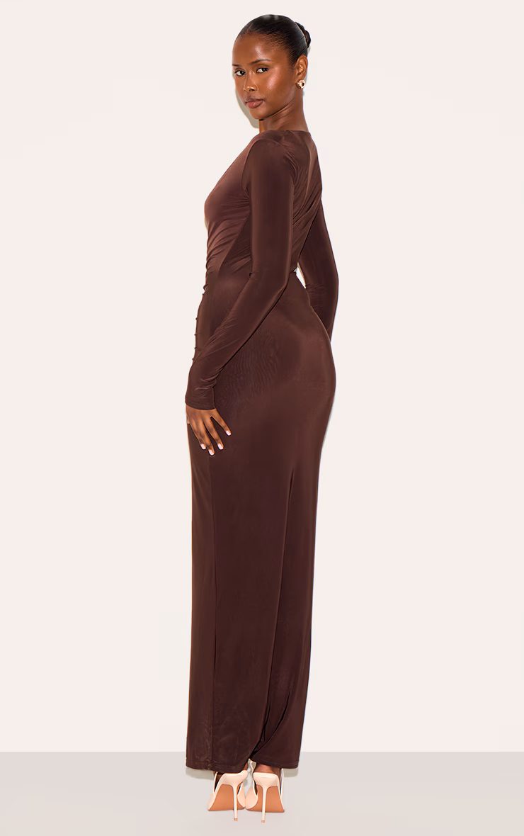 Chocolate Double Layer Plunge Ruched Maxi Dress