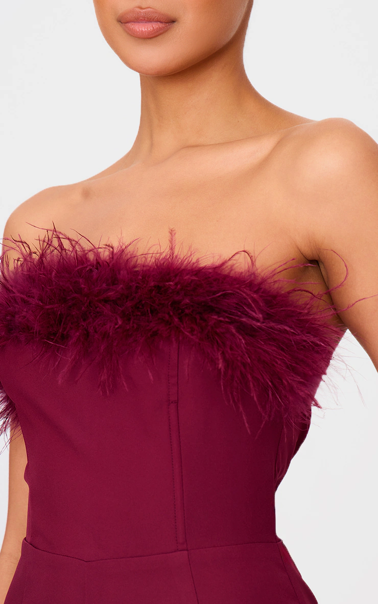 Burgundy Faux Fur Bandeau Straight Leg Jumpsuit