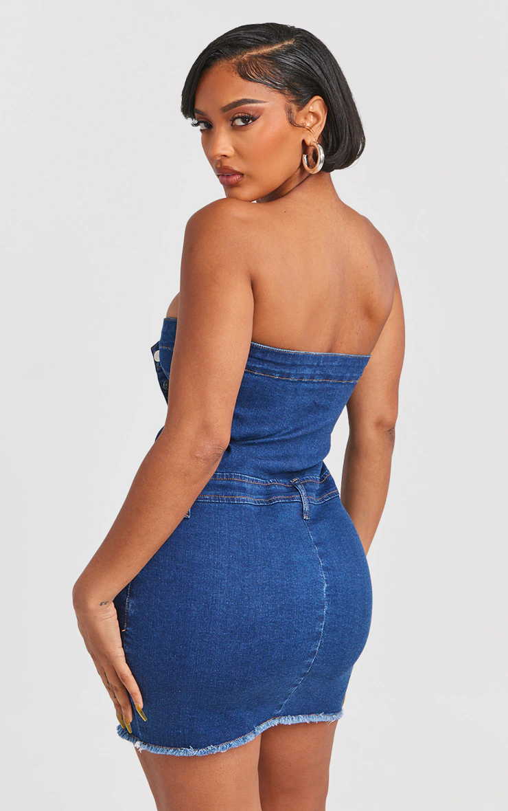 Shape Dark Blue Denim Button Front Bandeau Dress