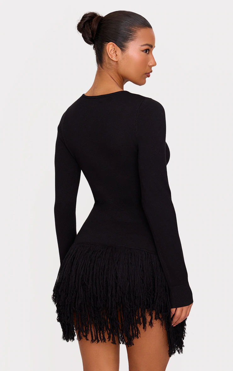 Black Fine Knit Fringe Hem Long Sleeve Micro Mini Dress