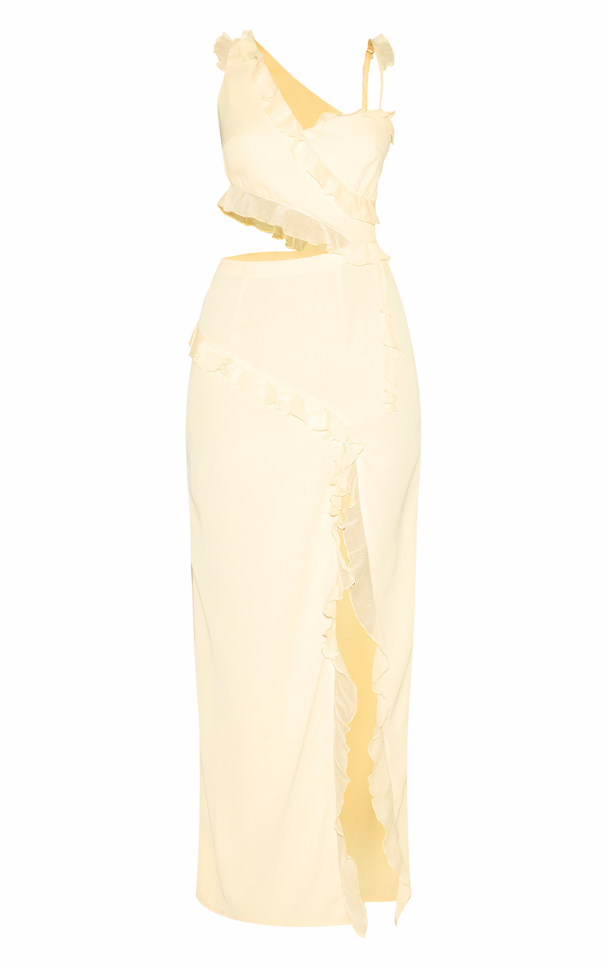 Butter Cream Chiffon Frill Cut Out Maxi Dress