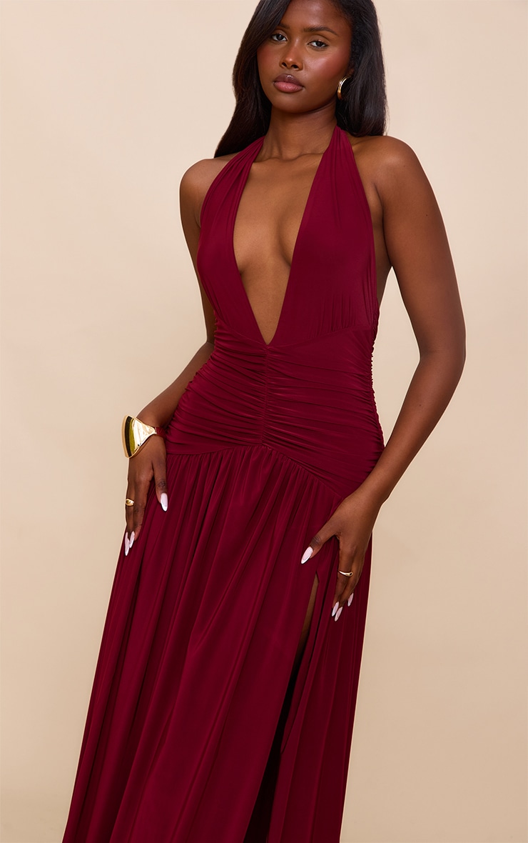Burgundy Double Layer Slinky Ruched Maxi
