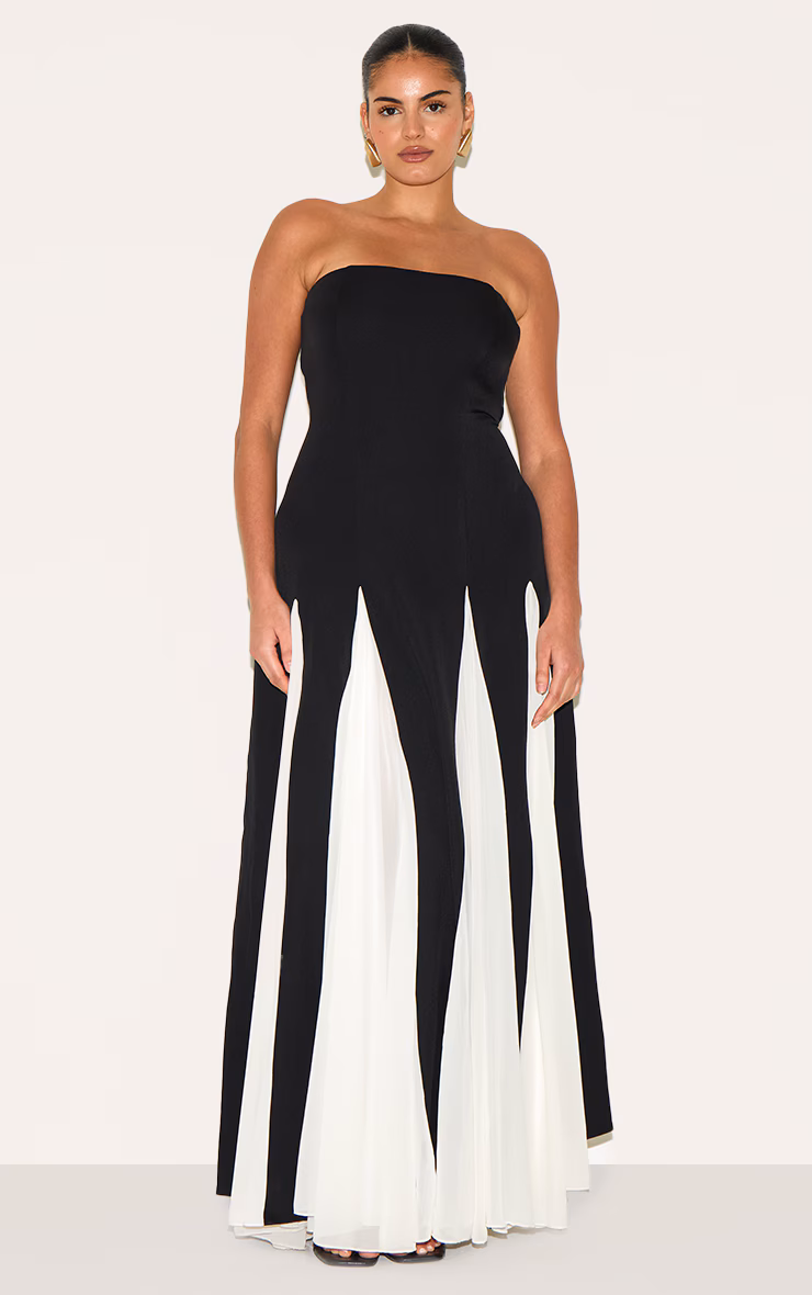 Plus Black Bandeau Contrast Chiffon Pleated Maxi Dress