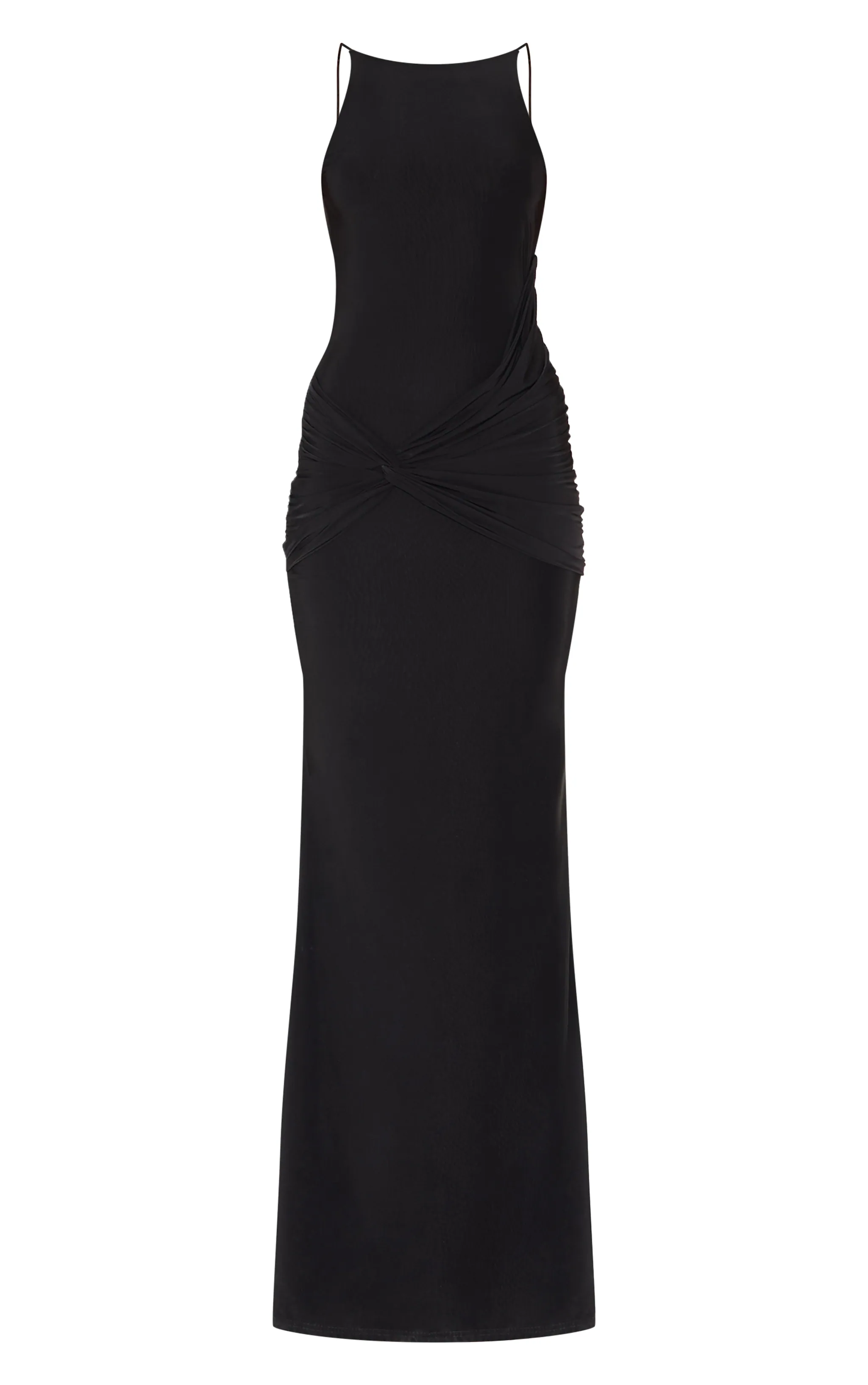 Black Double Layer Slinky Twisted Front Halter Neck Maxi Dress