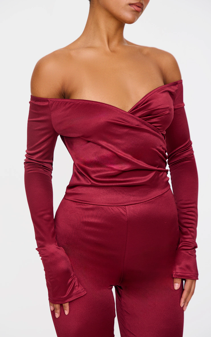 Burgundy Stretch Satin Cross Front Bardot Split Hem Jumpsuit