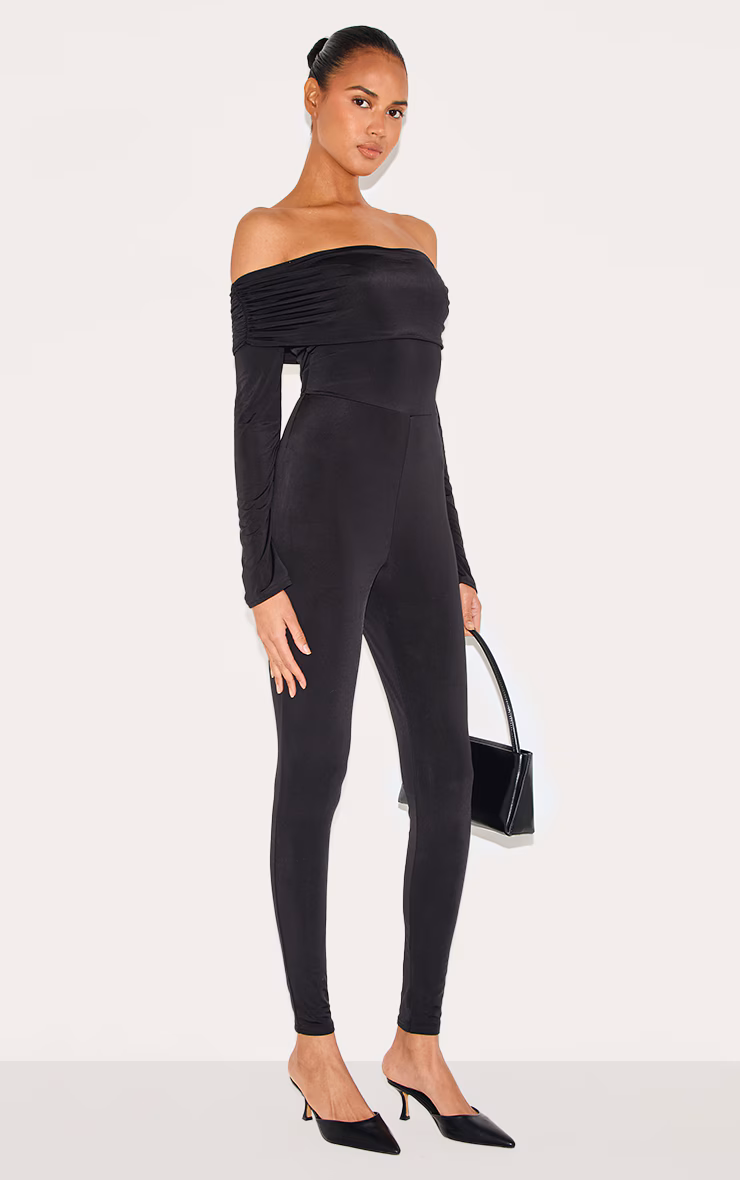 Black Double Layer Slinky Bardot Skinny Jumpsuit