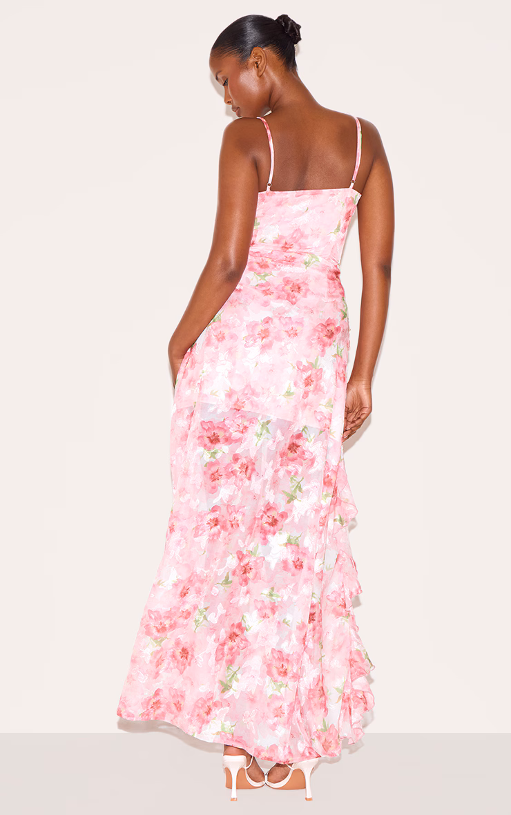Pink Floral Chiffon Frill Plunge Strappy Maxi Dress