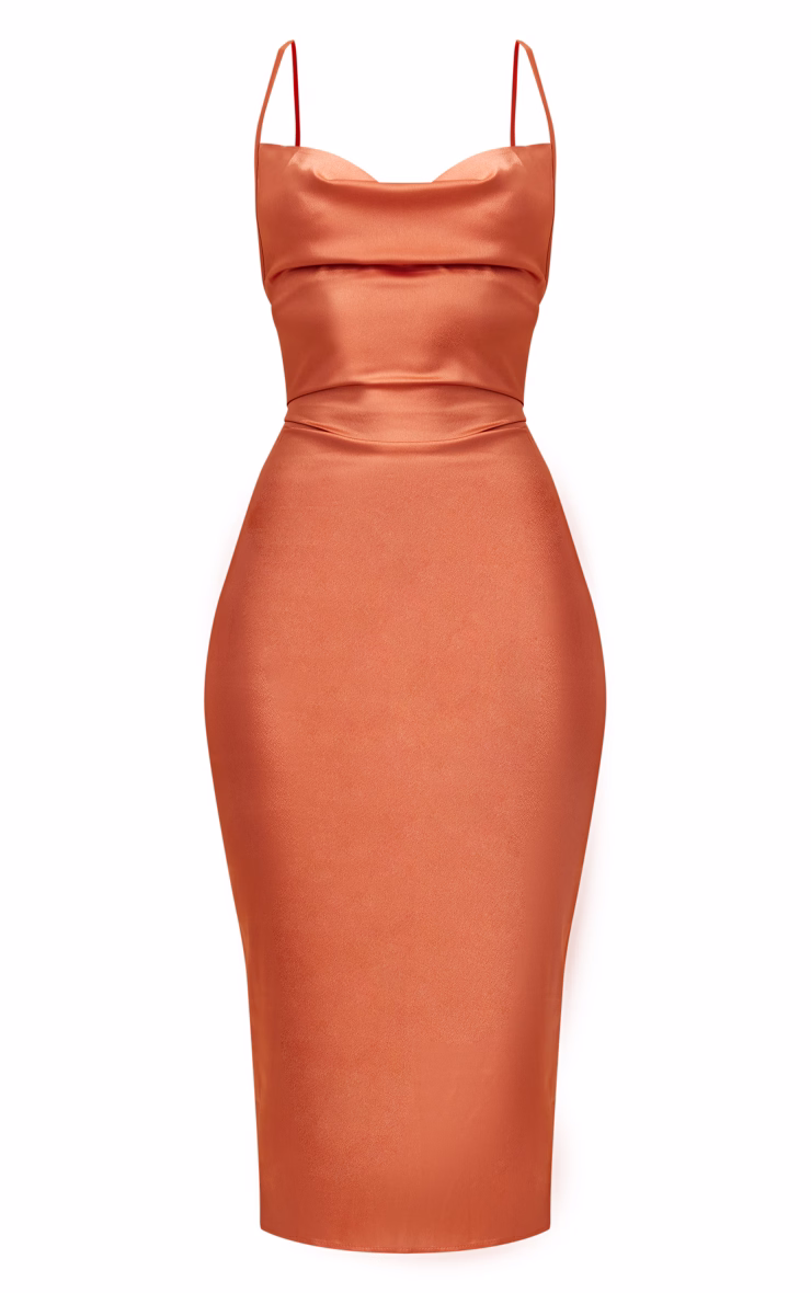 Rust Strappy Back Cowl Neck Satin Midi Dress