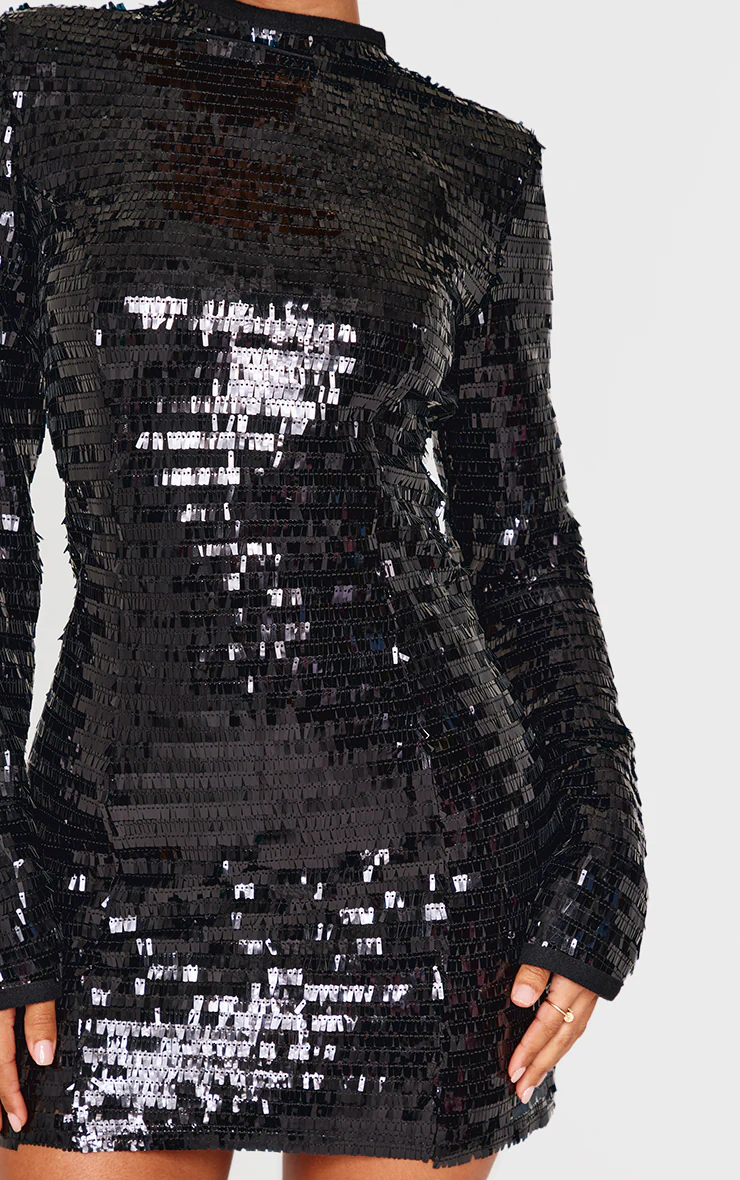 Petite Black Sequin Shoulder Pad Micro Mini Dress