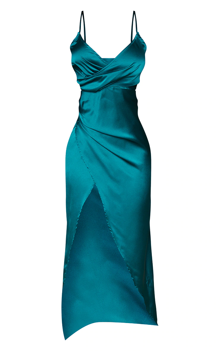 Petite Emerald Green Satin Wrap Detail Maxi Dress