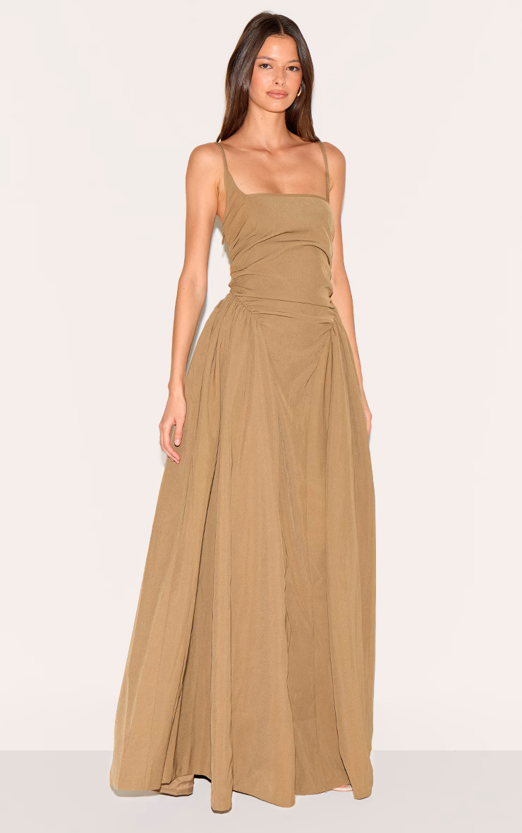Mushroom Woven Ruched Strappy Maxi Dress