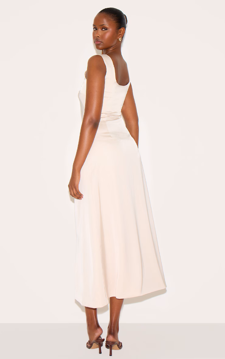 Natural Satin Drop Waist Midi Dress