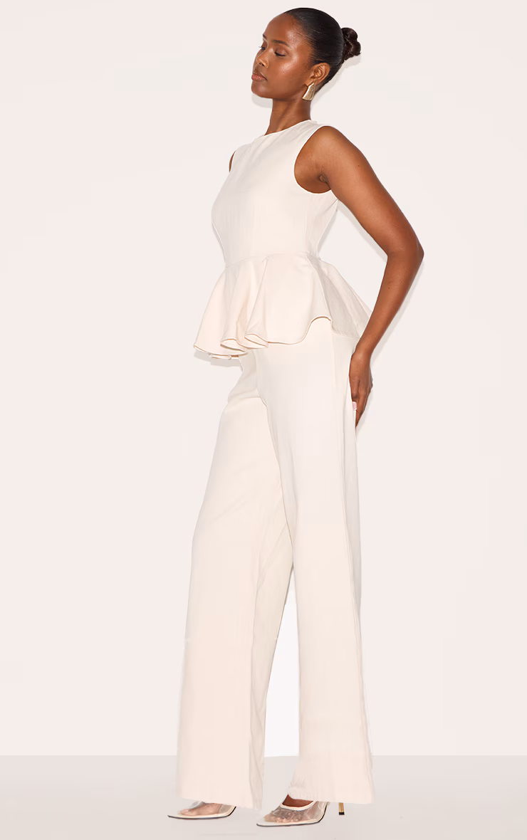 Ecru Cotton Peplum Detail Wide Leg Jumpsuit