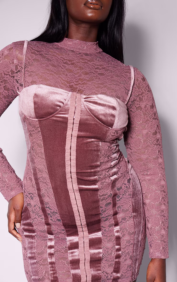 Plus Rose Pink Lace High Neck Velvet Detail Mini Dress
