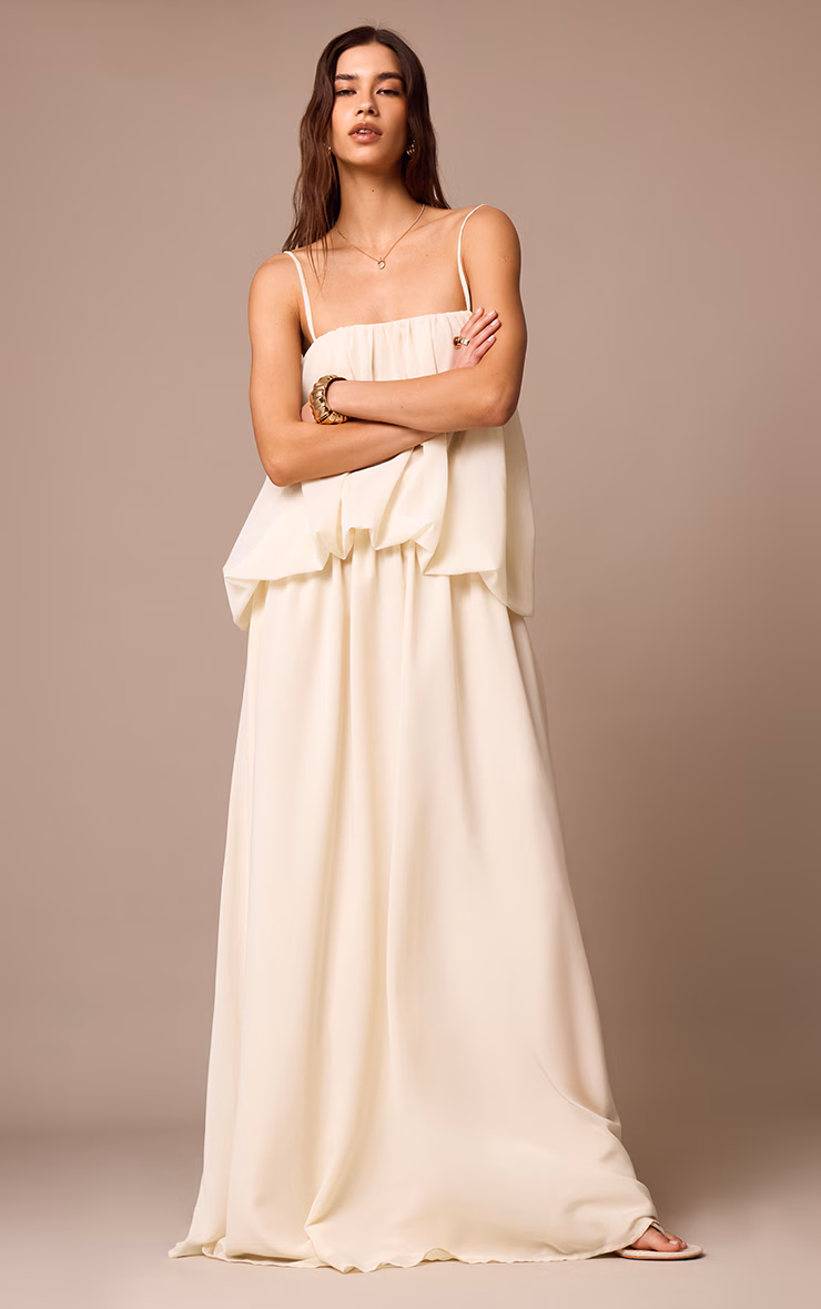 Cream Chiffon Layered Puffball Maxi Dress