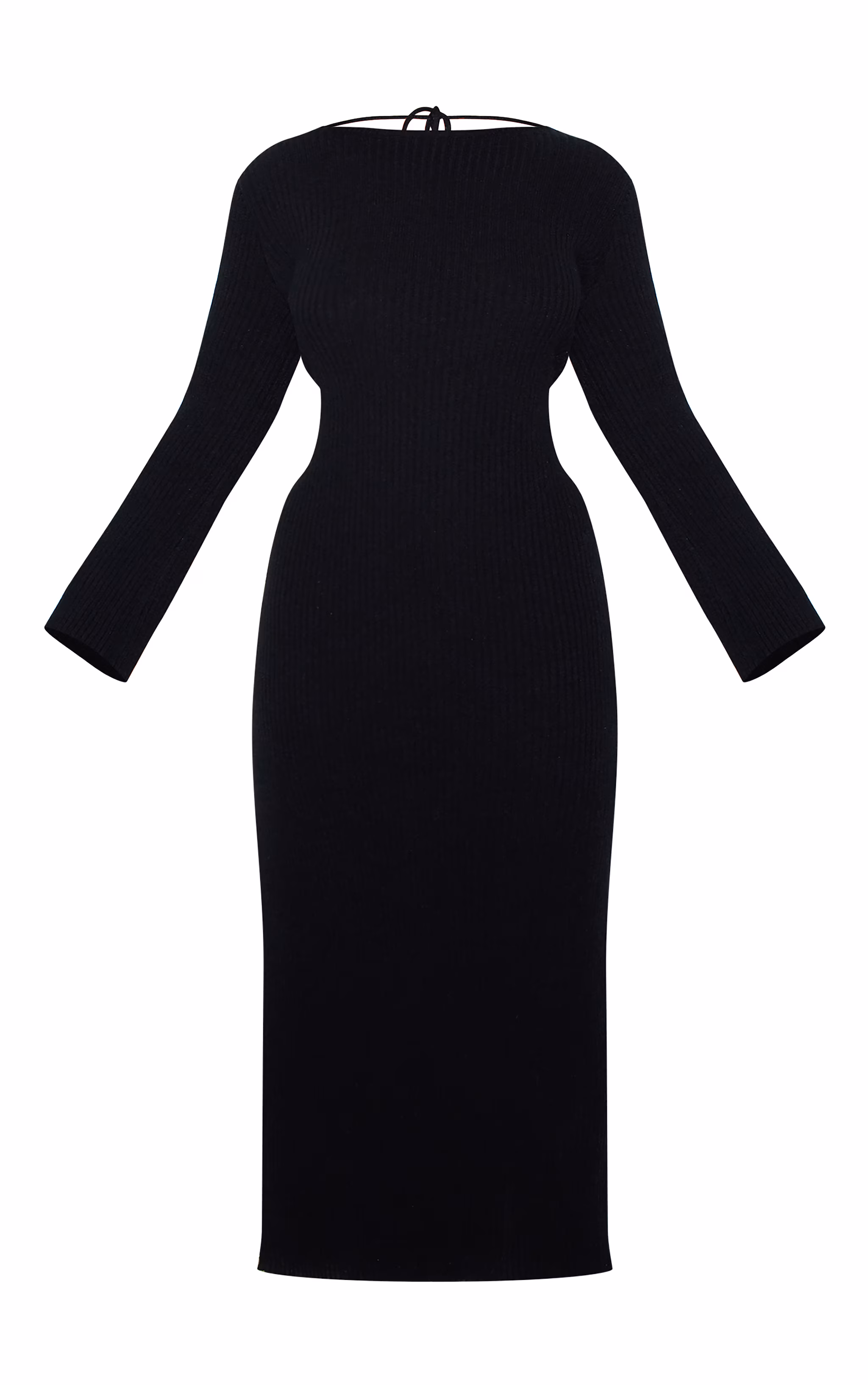 Plus Black Rib Knit Low Back Long Sleeve Maxi Dress