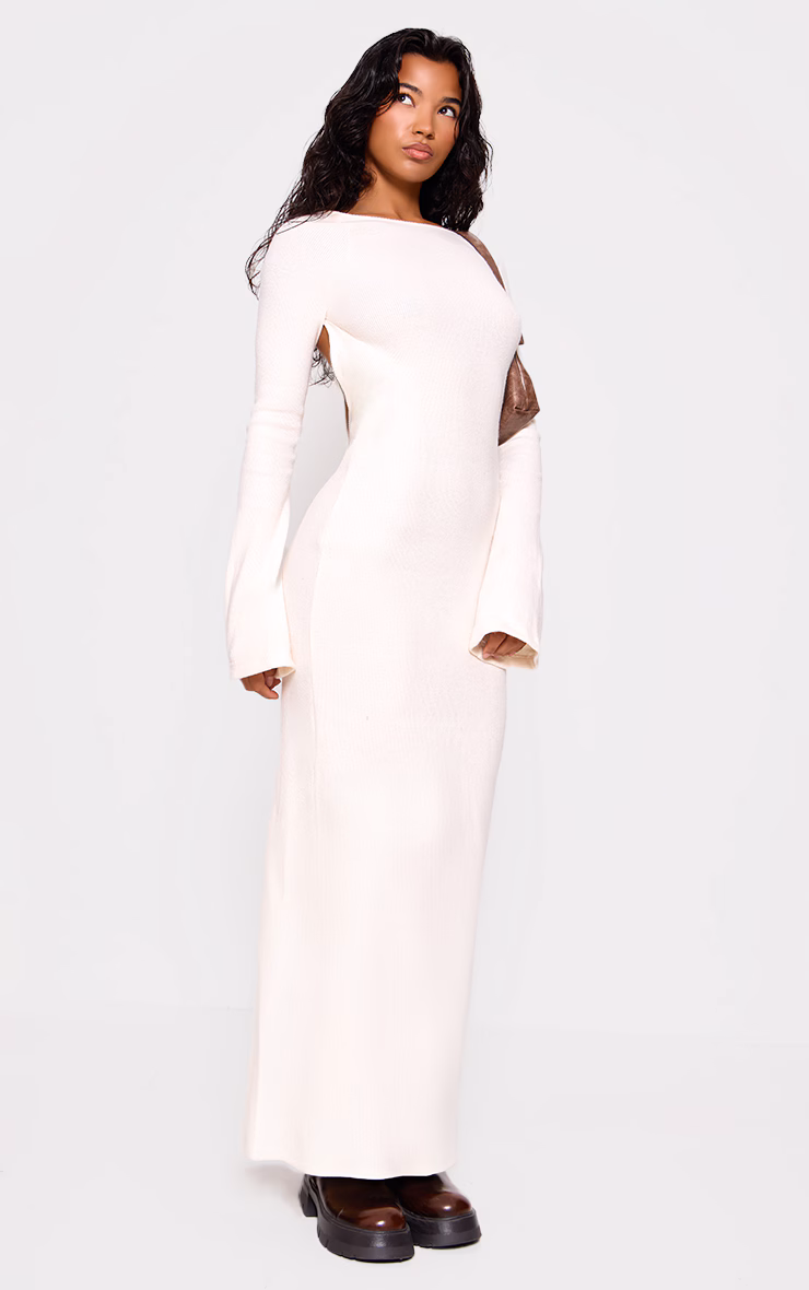 Cream Heavy Brushed Rib Tie Back Maxi Dress