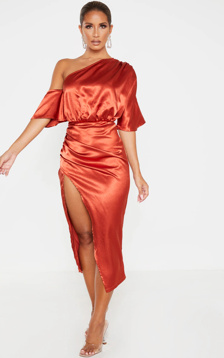 Rust Satin One Shoulder Ruched Skirt Midi Dress