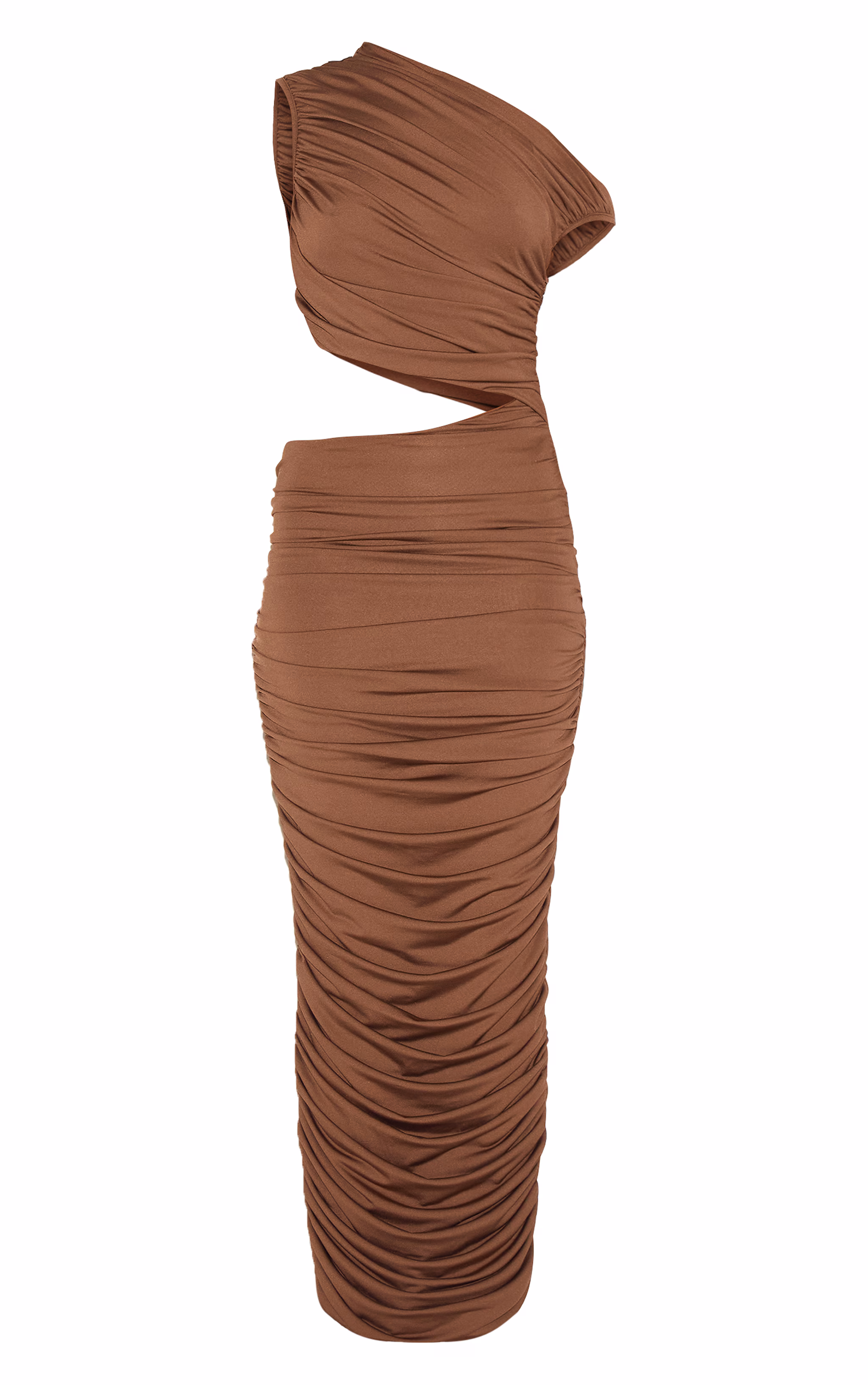 PLT Label Chocolate One Shoulder Ruched Cut Out Maxi Dress